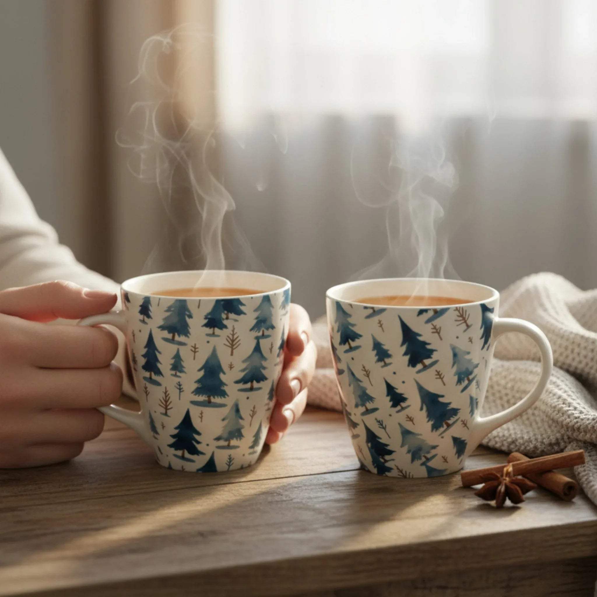 Frosted Pines Mugs with hot coffee; Pinterest-worthy winter cabin styling and aesthetic holiday drink photography.