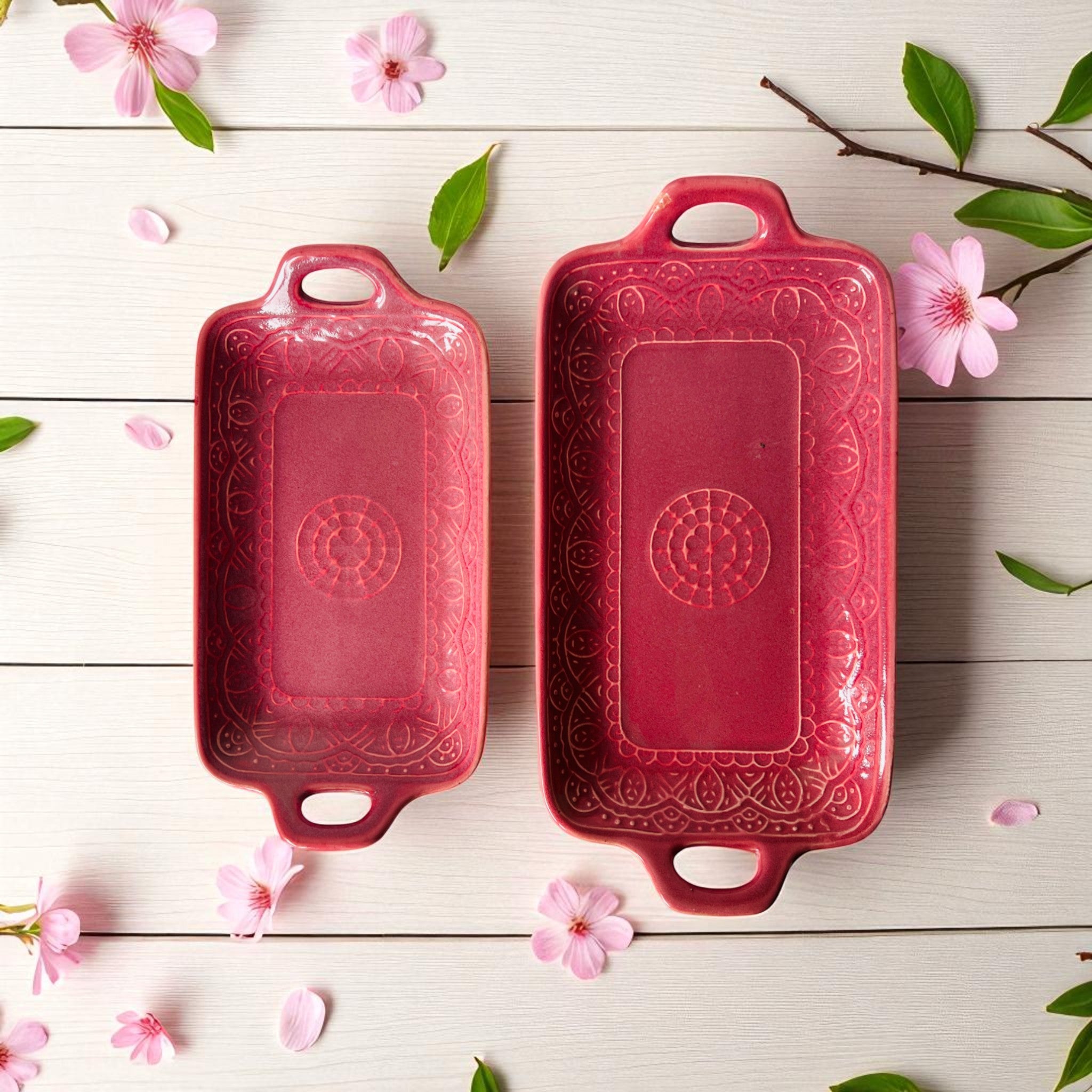 Rustic Stone Fuchsia Flair Tray; pink rectangular ceramic serving platter with handles for festive hosting.