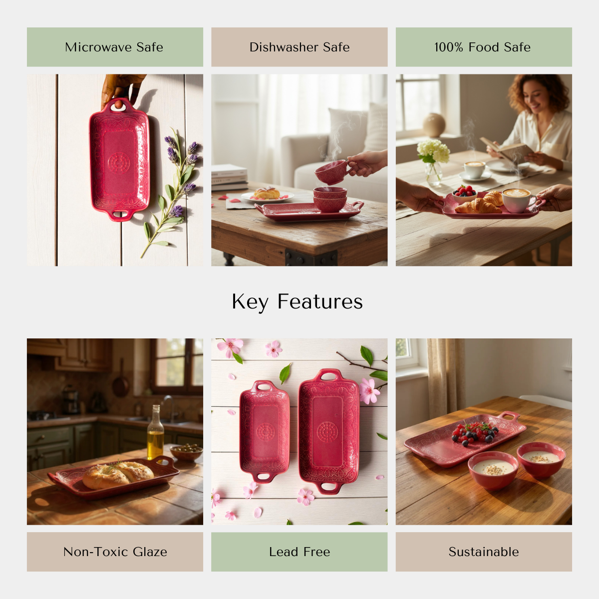 Rustic Stone quality; microwave safe, dishwasher safe, and non-toxic handcrafted pink ceramic tray.