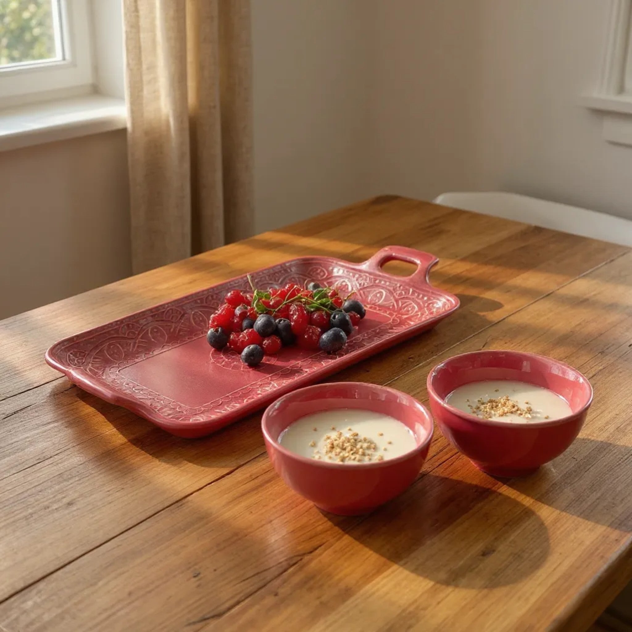 Fuchsia Flair Tray with berries; Pinterest-worthy tea party styling and vibrant festive serveware photography.