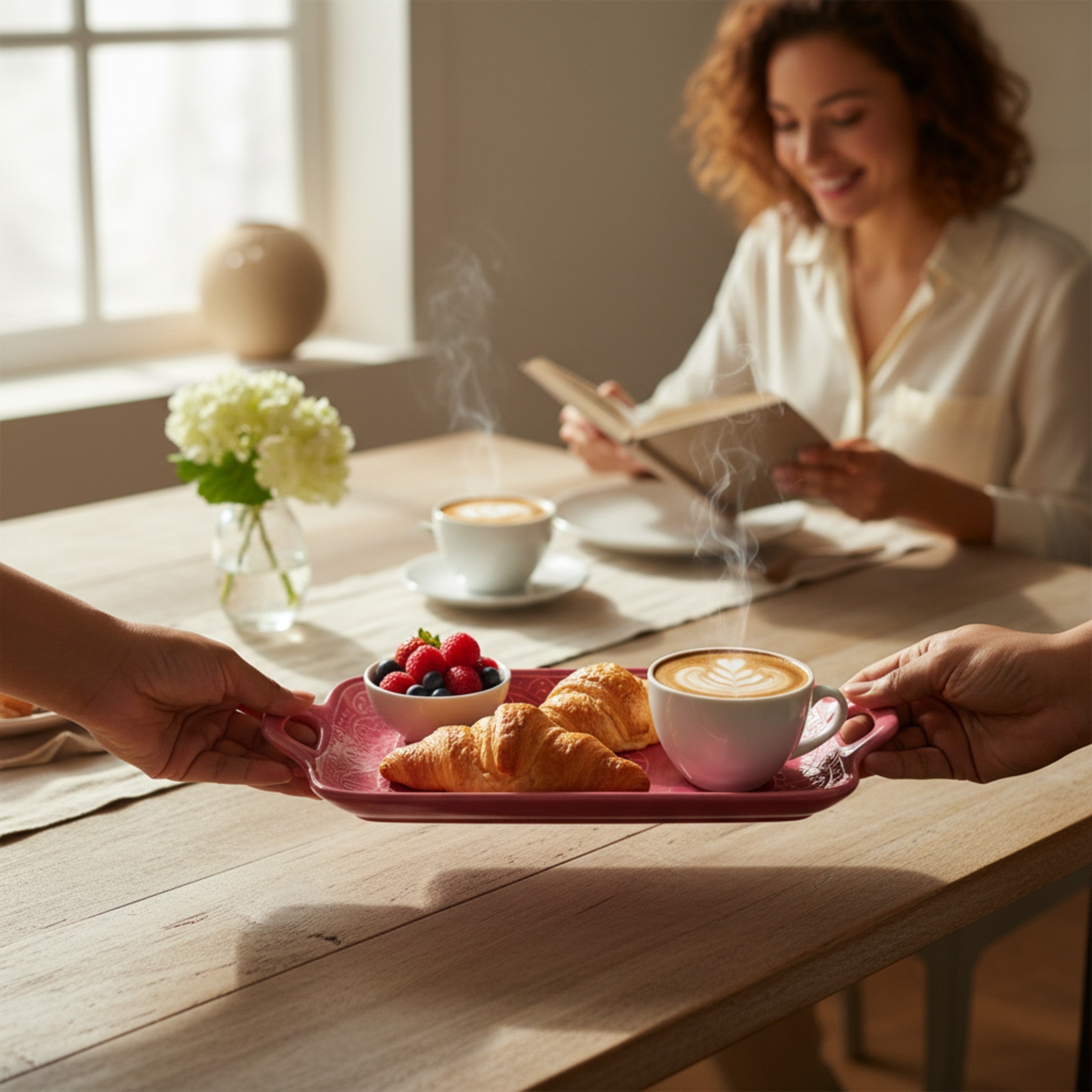 Fuchsia Flair Tray held by handles; Large (11.5") size reference for serving drinks, appetizers, or mithai.