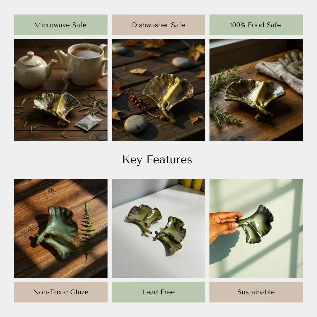 Rustic Stone quality; non-toxic, lead-free, and handcrafted decorative ceramic leaf holders.