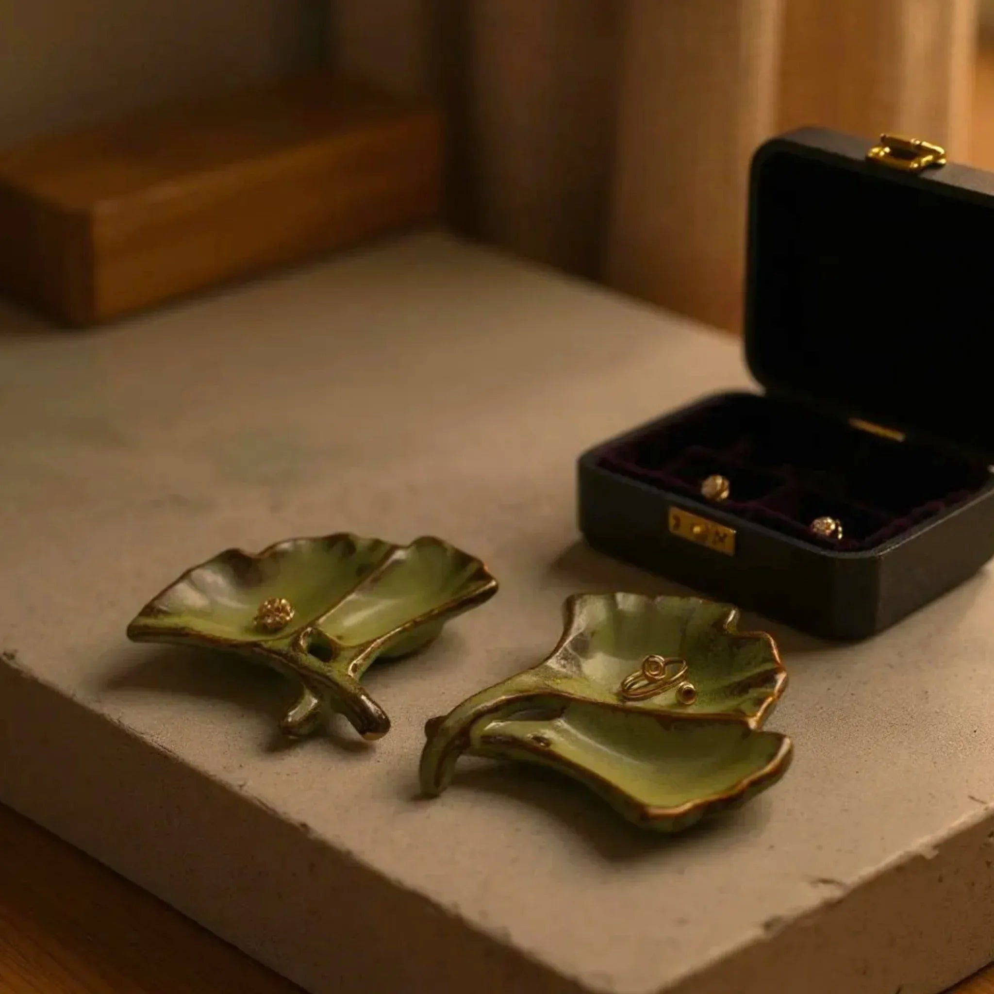 Rustic Stone Ginkgo Leaf Mini Holders; set of 2 green ceramic jewellery dishes for vanity and home decor.