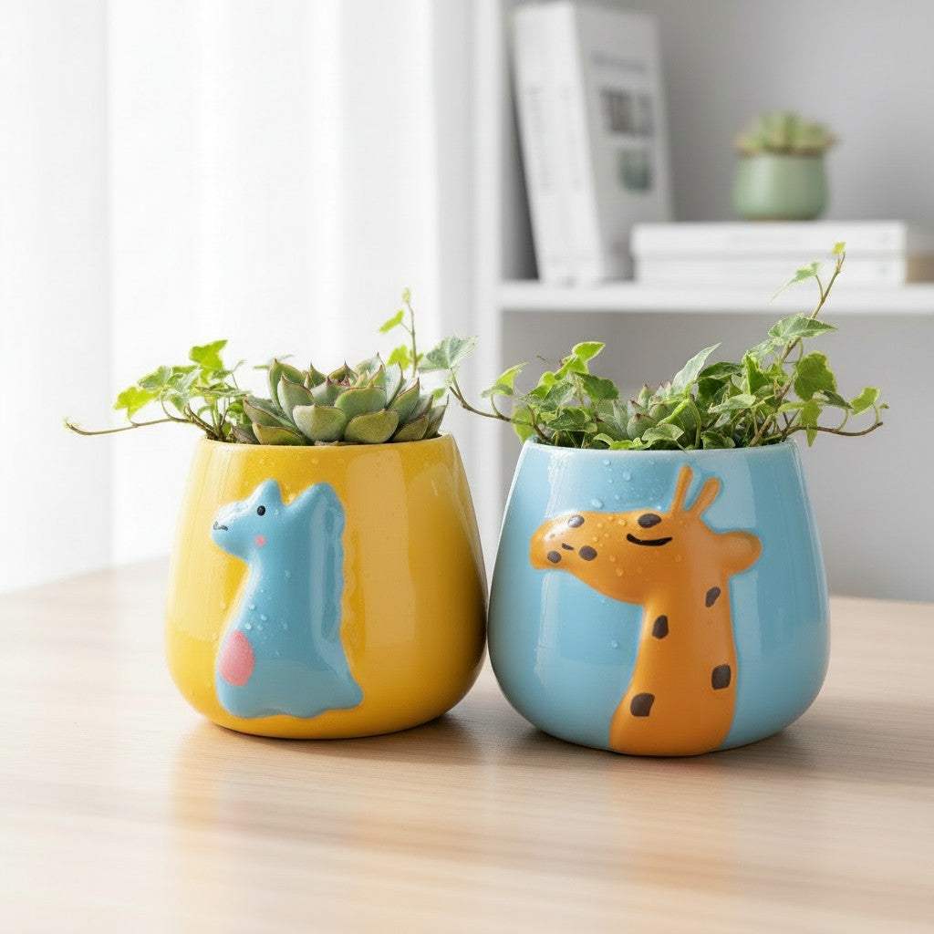 A yellow dinosaur planter and a blue giraffe succulent pot styled together with trailing greenery on a workspace table.