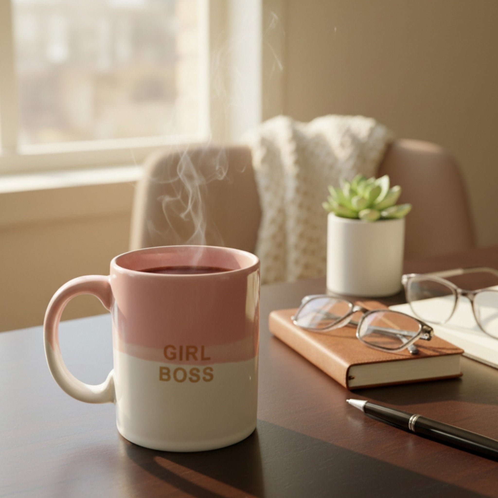 Girl Boss Mug on an organized desk; Pinterest-worthy home office setup and aesthetic stationery styling.