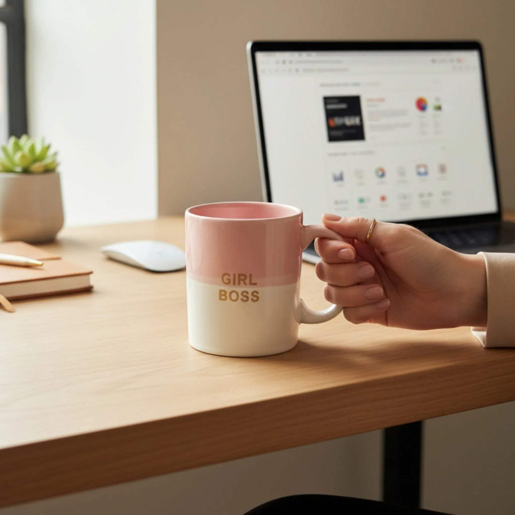 Girl Boss Mug next to a laptop; standard 11oz capacity perfect for morning coffee or afternoon tea.