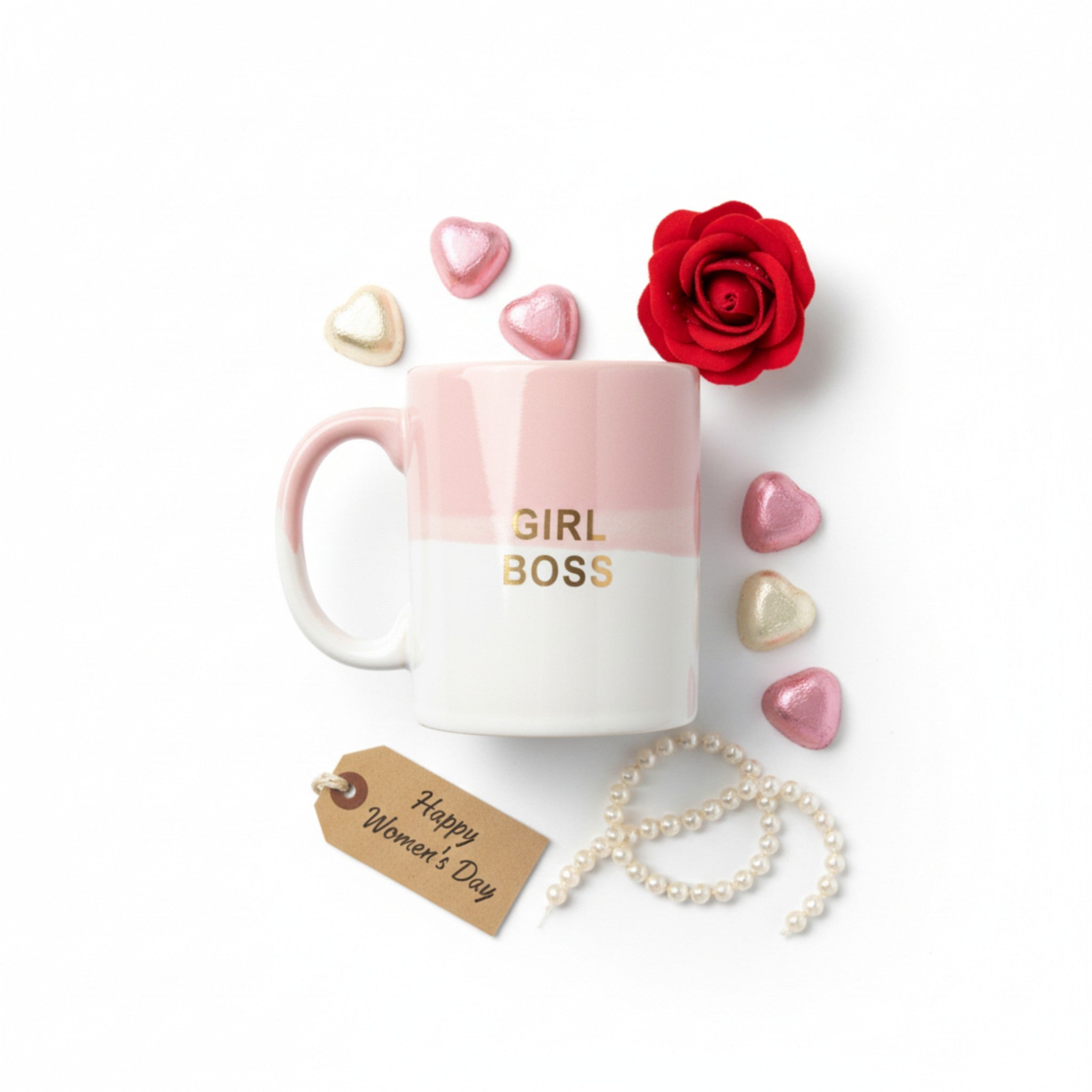 Close-up of "Girl Boss" lettering; high-quality print on a glossy white ceramic finish for mood boards.