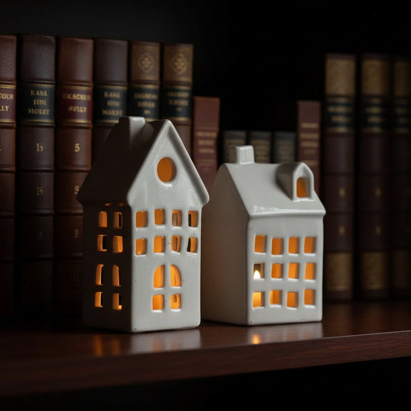 Rustic Stone Glow Cottage Set; set of 2 white ceramic tea light holders in house shapes for cozy decor.