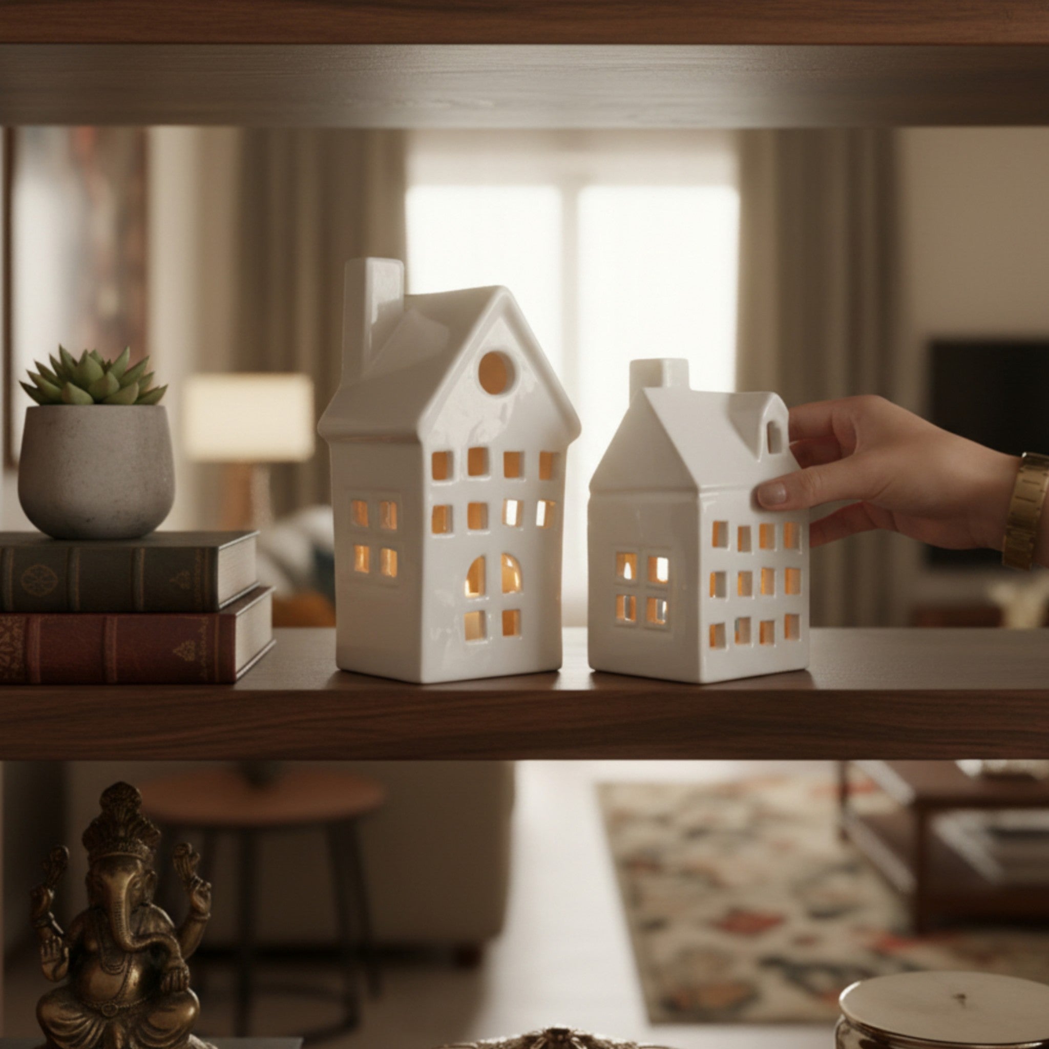 Rustic Stone Glow Cottage Set; set of 2 white ceramic tea light holders in house shapes for cozy decor.