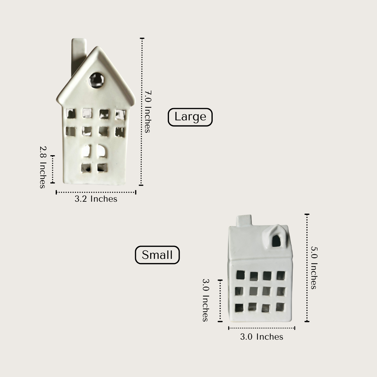 Glow Cottage size; 7-inch and 5-inch tall ceramic houses designed for standard tea light candles.
