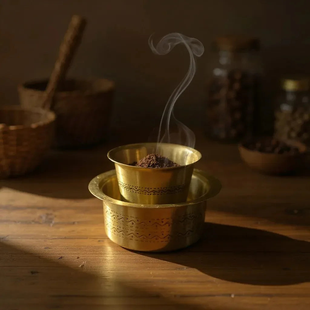 Polished brass texture; heavy-bottomed Dabara and Tumbler with artisanal handcrafted gold finish.