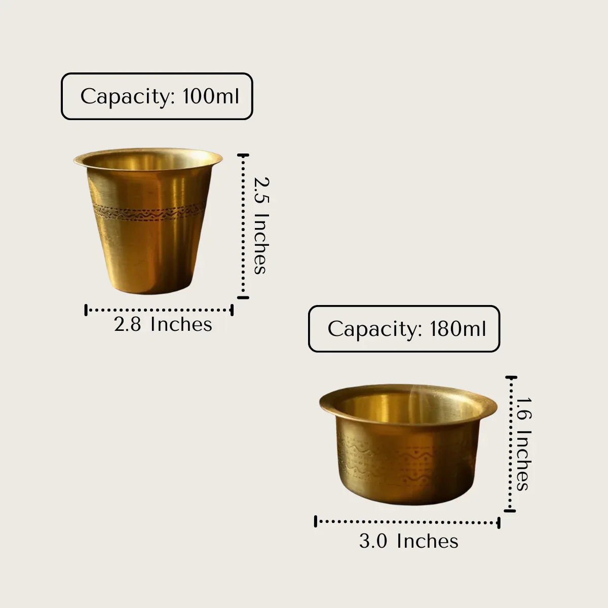 Kaapi Set size; high-quality 100ml brass tumbler and 180ml bowl set designed for everyday traditional coffee use.