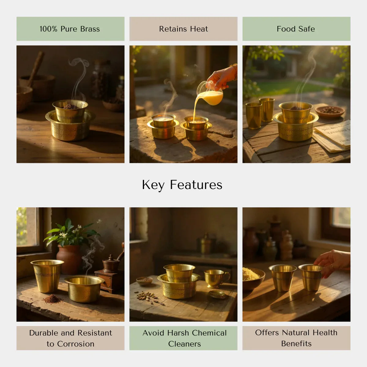 Rustic Stone quality; pure brass, food-safe, and handcrafted traditional filter coffee set.