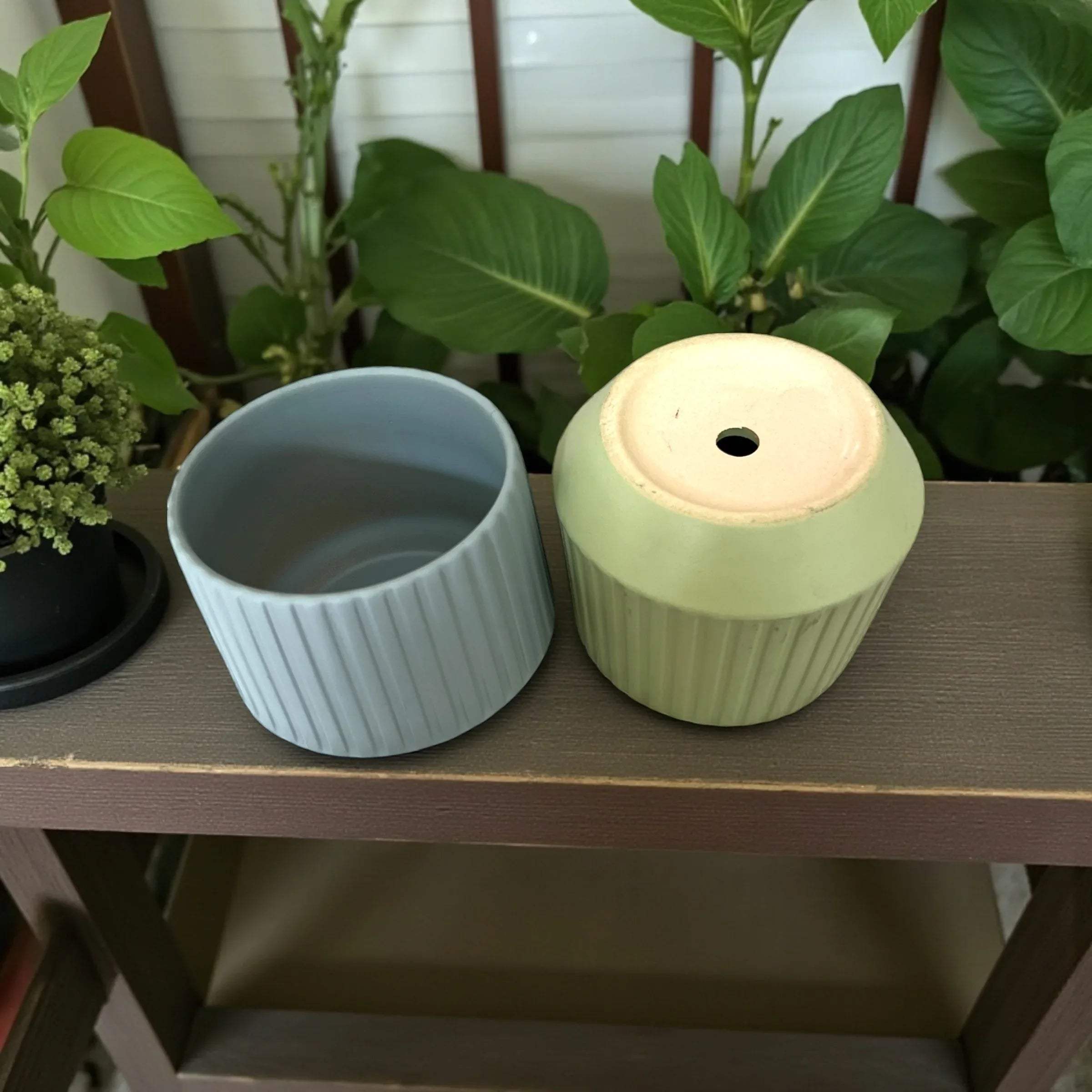 Clay Green Planter drainage holes; perfect size for succulents, herbs, and small indoor greenery.