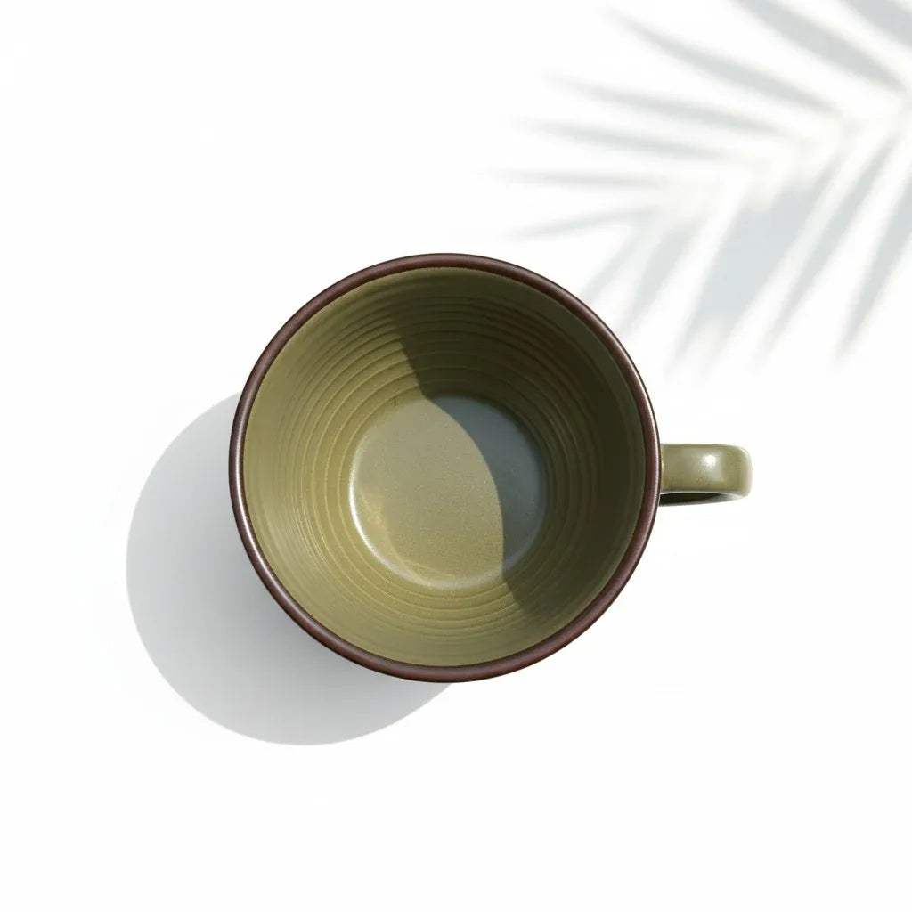 Top view of the green ceramic mug on a white background with a soft shadow.