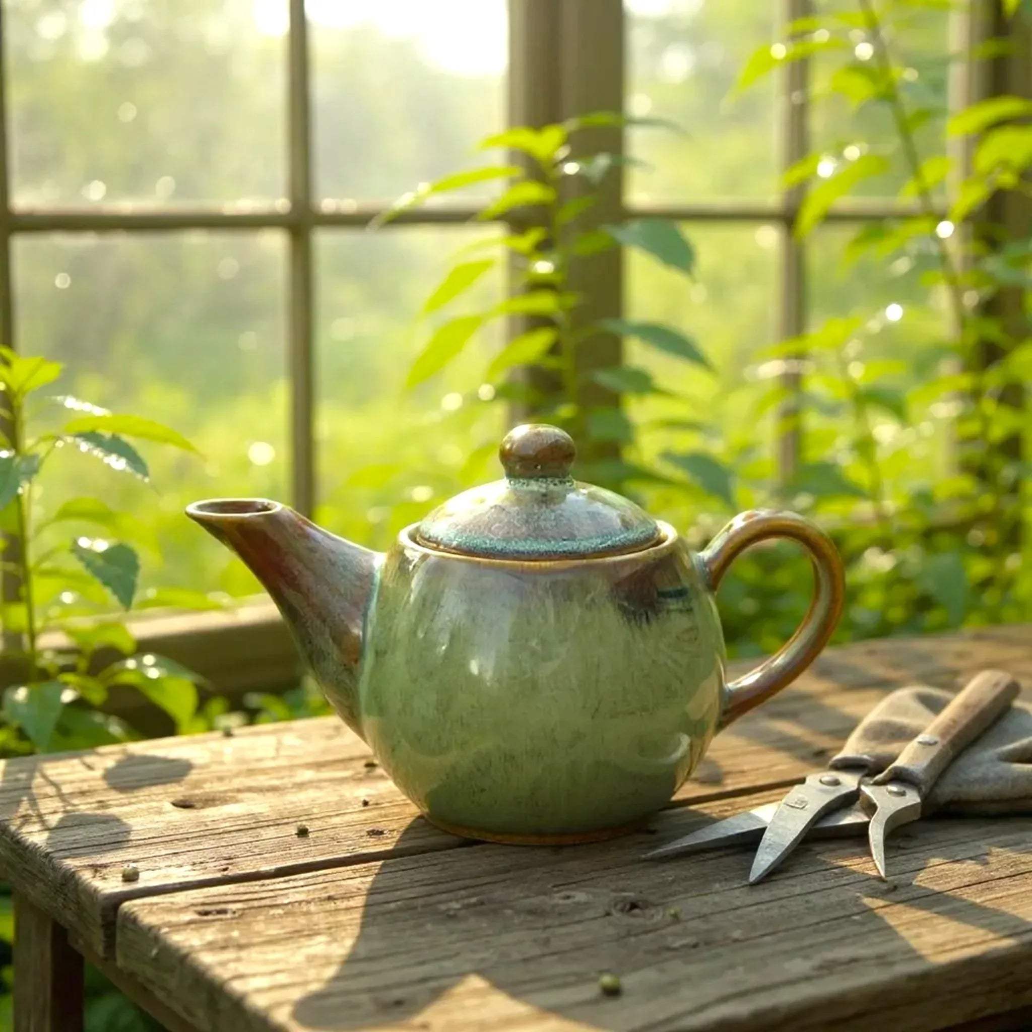 Gardening reset; Green ceramic teapot on a wooden table with plants in the background