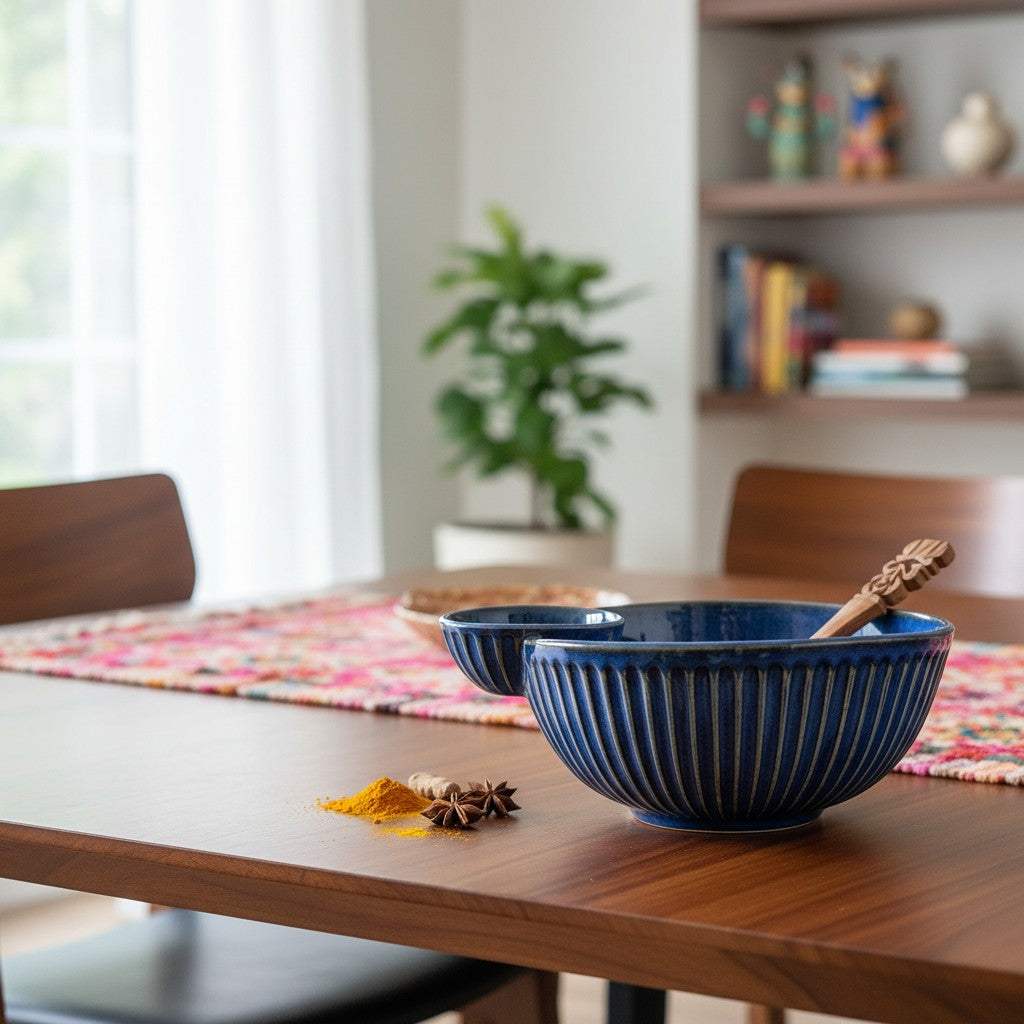 Detailed view of the clean vertical hand-carved ridges catching light on the outer rim of the navy platter.
