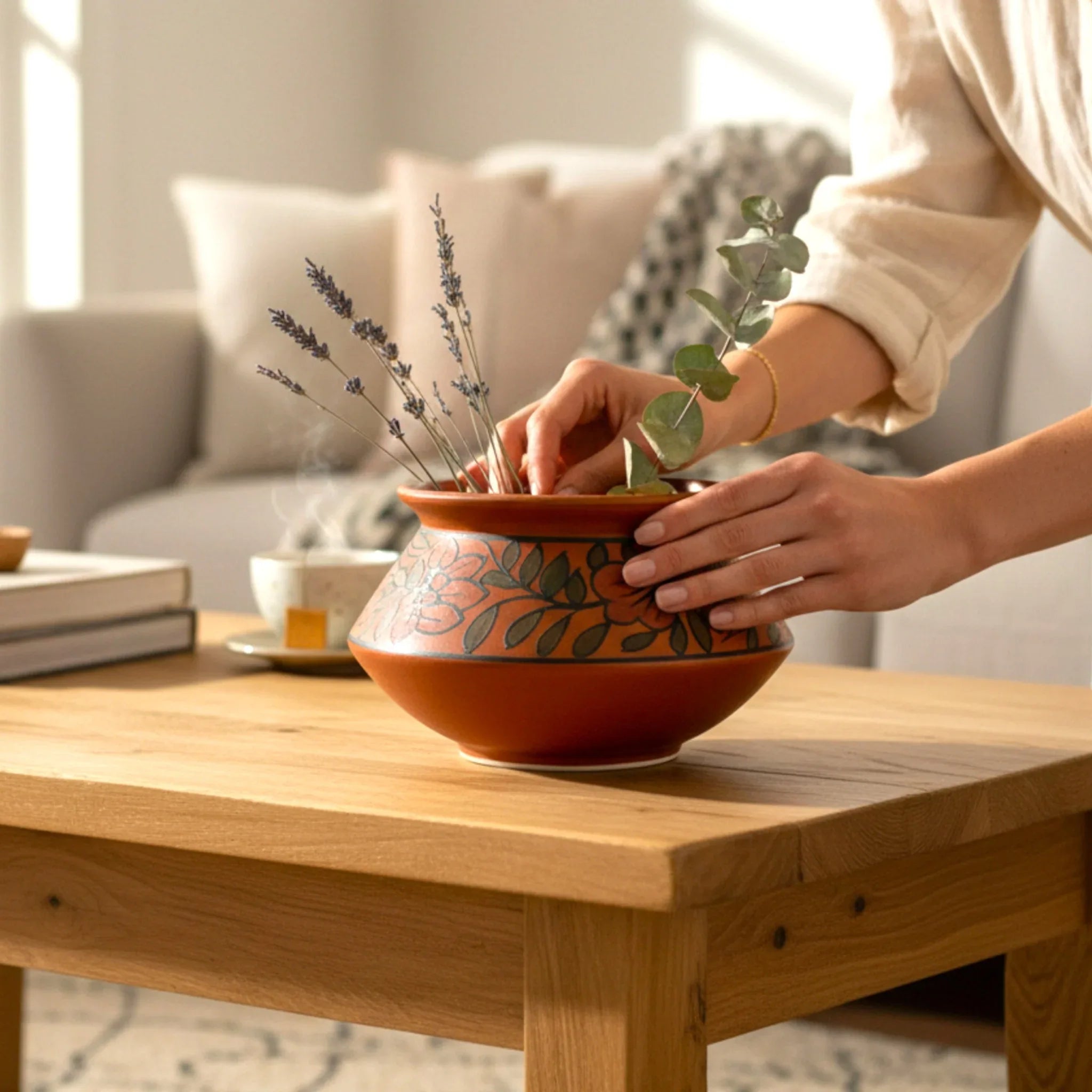 Hand arranging flowers in a Rustic Stone artisanal ceramic bowl on a wooden table