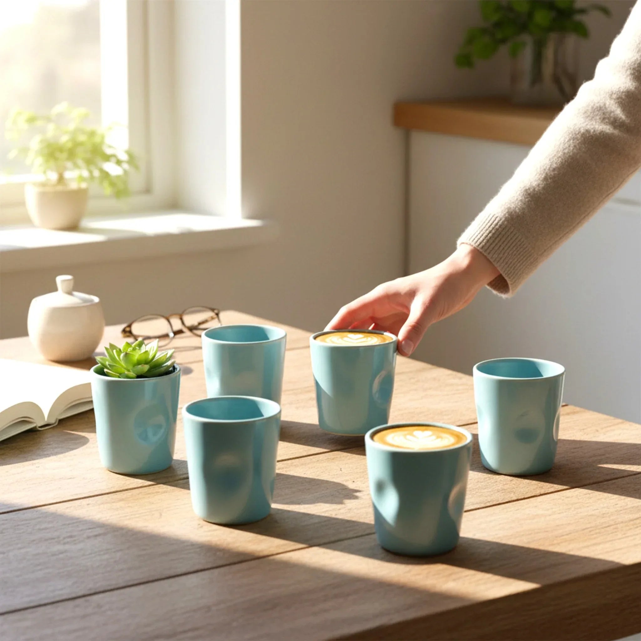 Morning coffee ritual; the ceramic glasses holding steaming lattes by a sunny window for a cozy start.