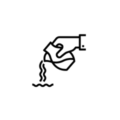 Icon of a hand pouring liquid from a container with a wavy line below on a white background