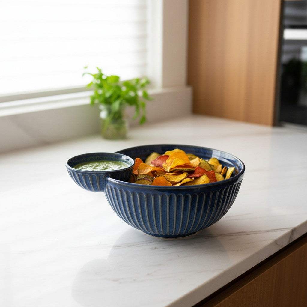 The artisanal deep blue ceramic chip and dip platter holding snacks on a marble table for a dinner party.
