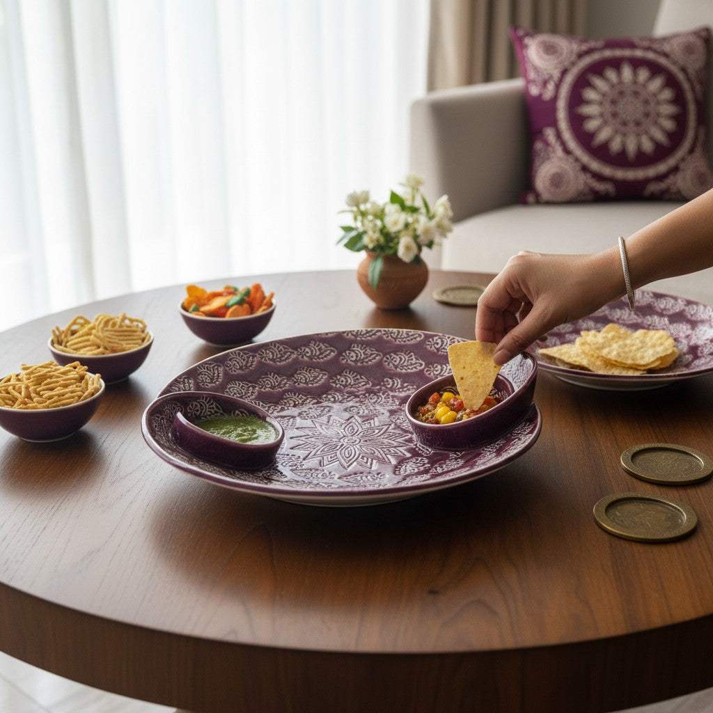 The artisanal plum purple chip and dip serving platter holding finger foods and mint chutney on a rustic dining table.