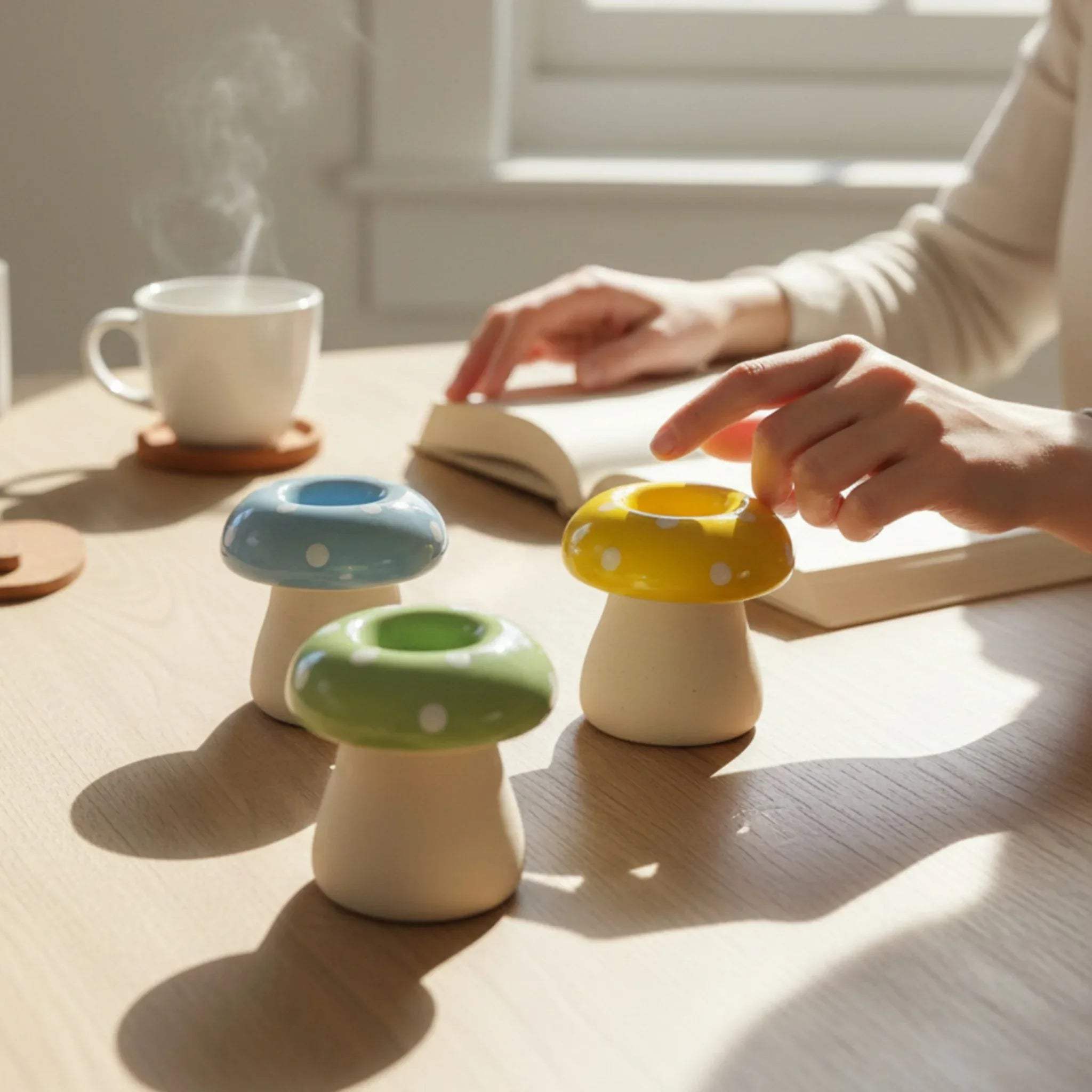Whimsical glaze; a close-up of the hand-painted mushroom caps and the smooth, cream-colored stems.