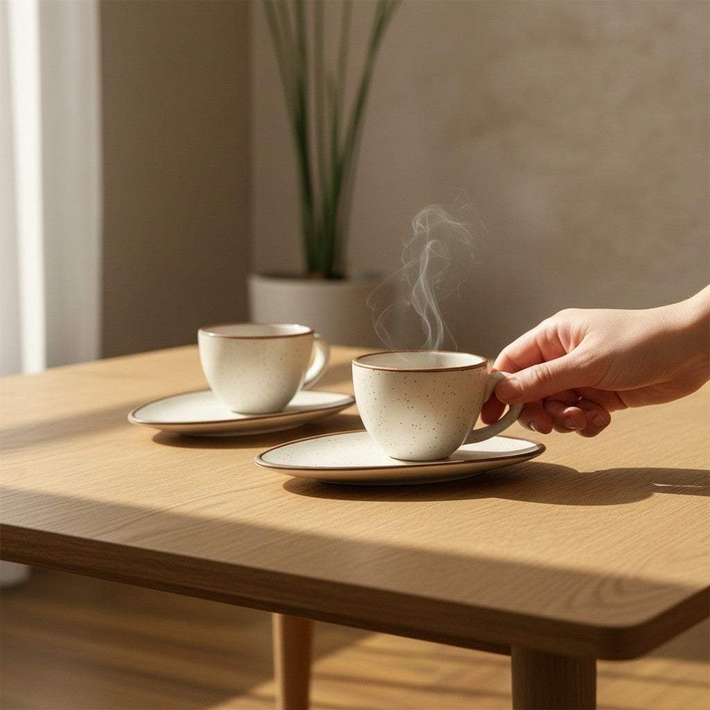 Person holding a small Rustic Stone almond espresso cup to show scale and texture.