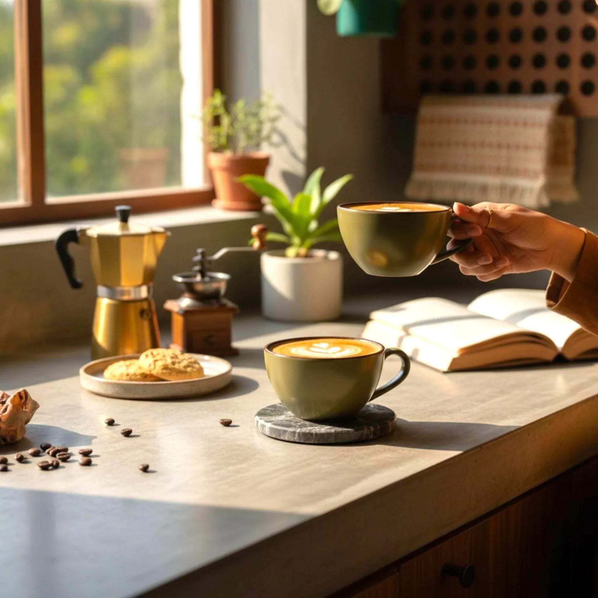 Person holding a latte in the Sage Cup; showing the 240ml capacity and satin smooth matte texture.