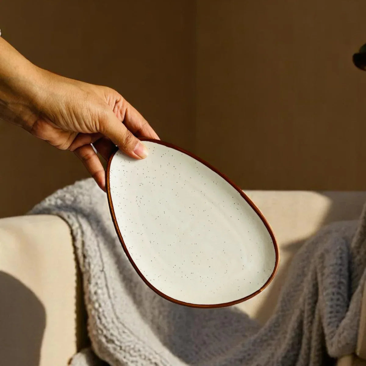 Person holding a white ceramic plate with a cozy blanket and sofa in the background.