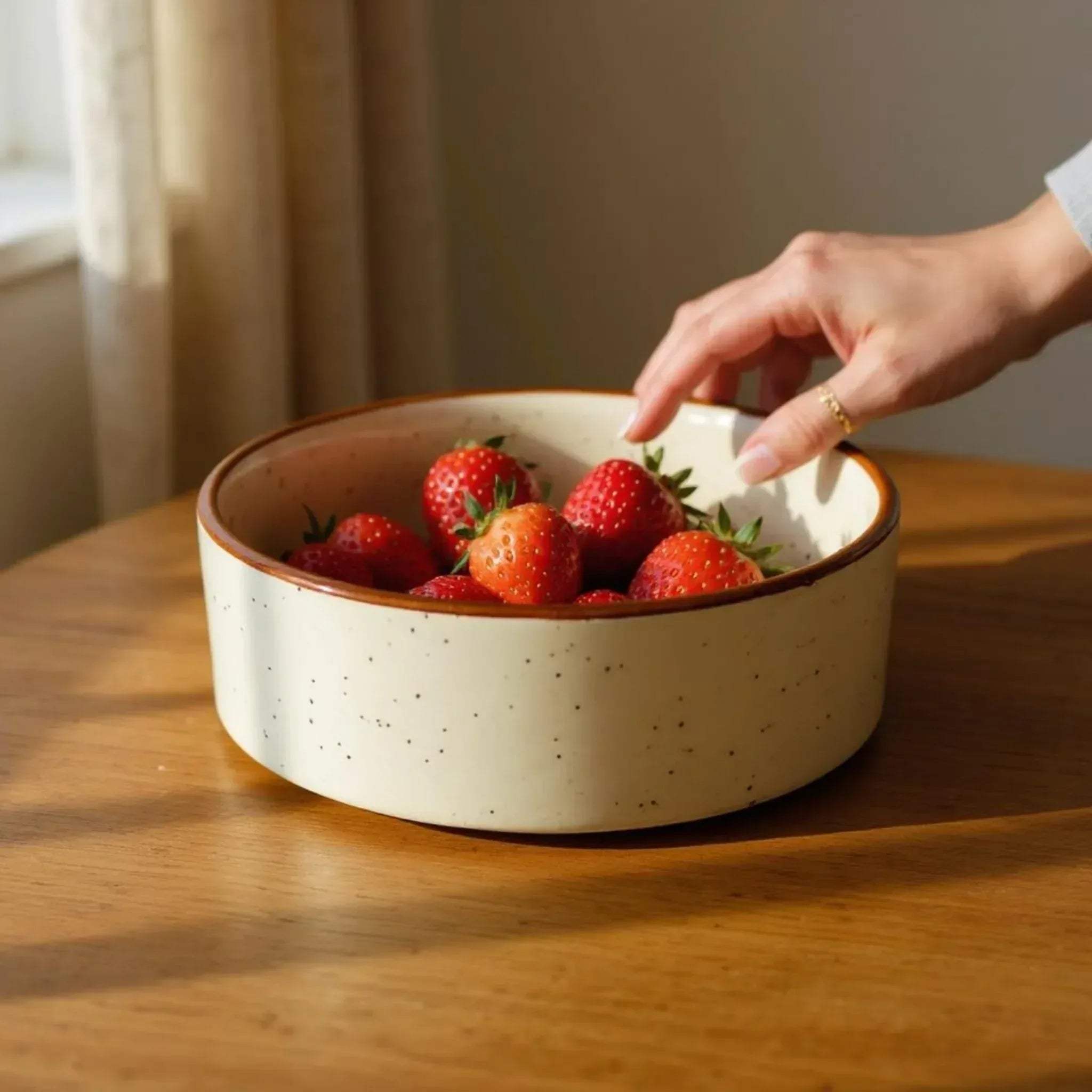 Close-up of the smooth matte texture and ivory finish on a handcrafted ceramic bowl with strawberries in it.