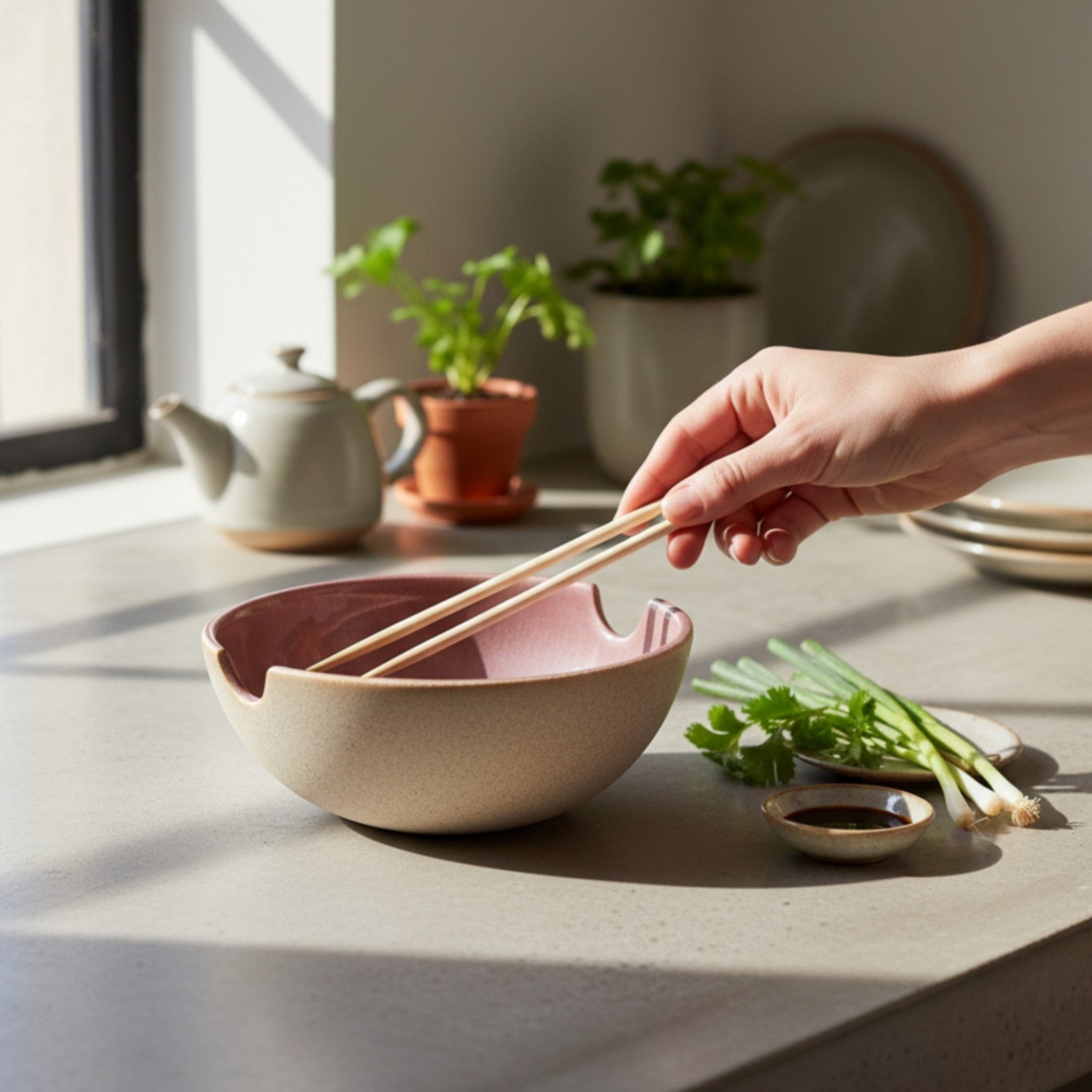 Rustic Stone Harmony Holder Ramen Bowl; ceramic noodle bowl with built-in chopstick rest for Asian dining.