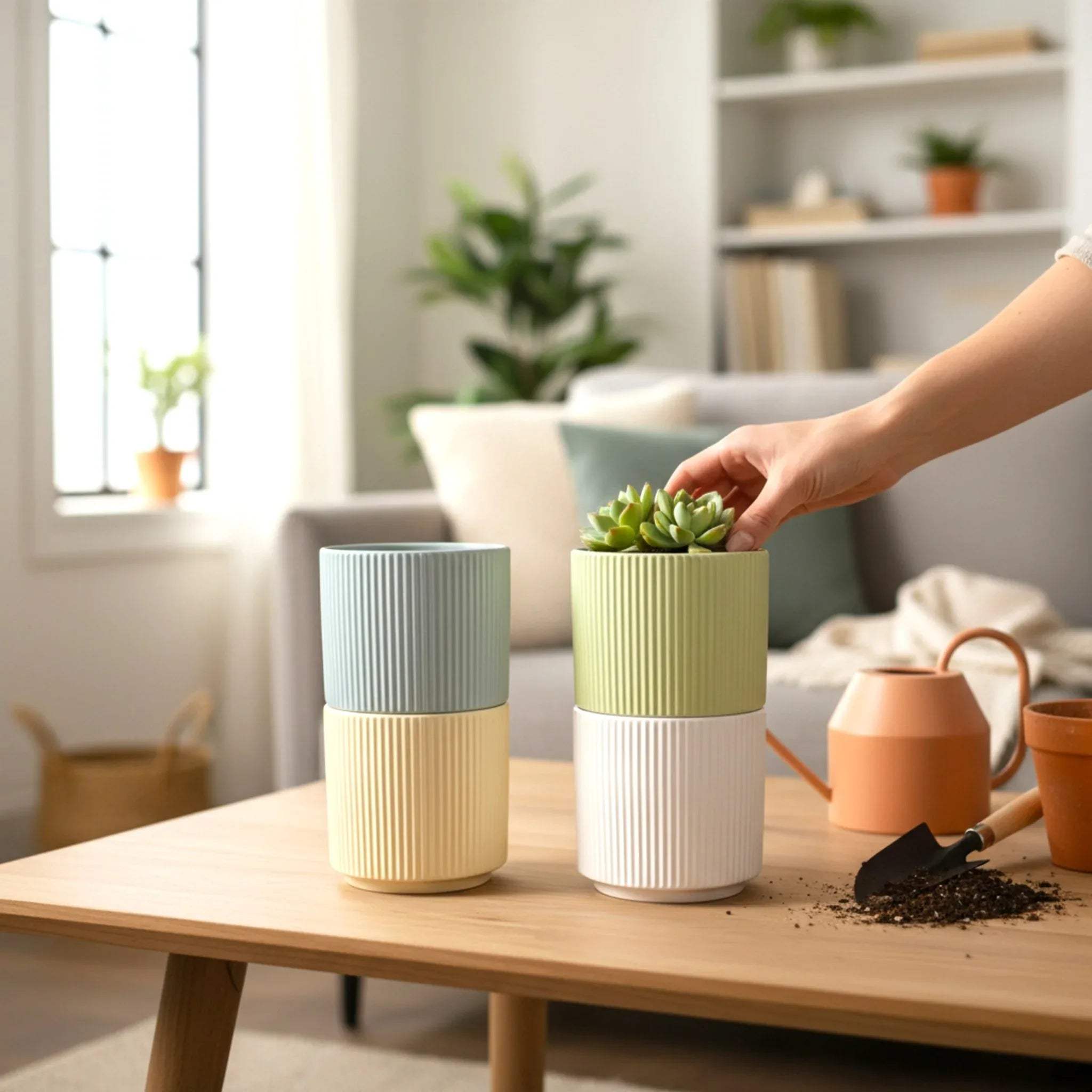 Stackable Harmony Planters for easy storage; perfect for everything from small cacti to medium snake plants.