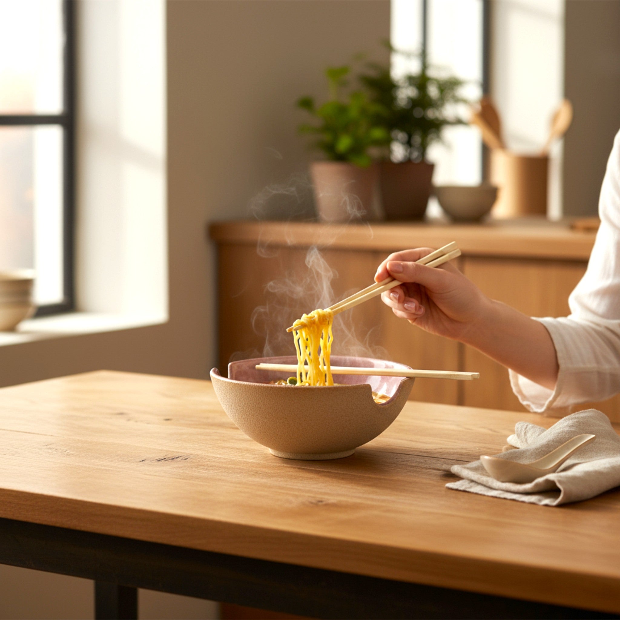Harmony Bowl with chopsticks and noodles; large 600ml capacity perfect for ramen, pho, laksa, or hearty grain bowls.