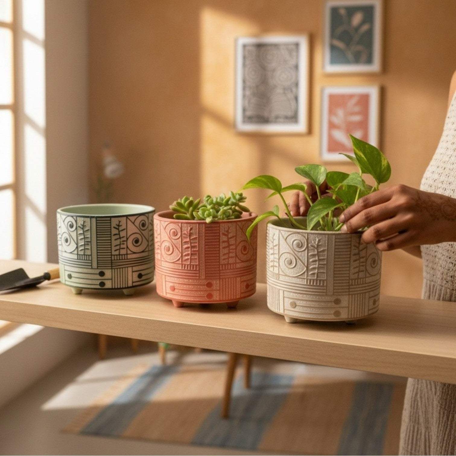 Macro shot of the thick-walled, hand-carved matte clay texture of the terracotta planter, emphasizing its fade-resistant glaze and wind-resistant, heavy stoneware weight.