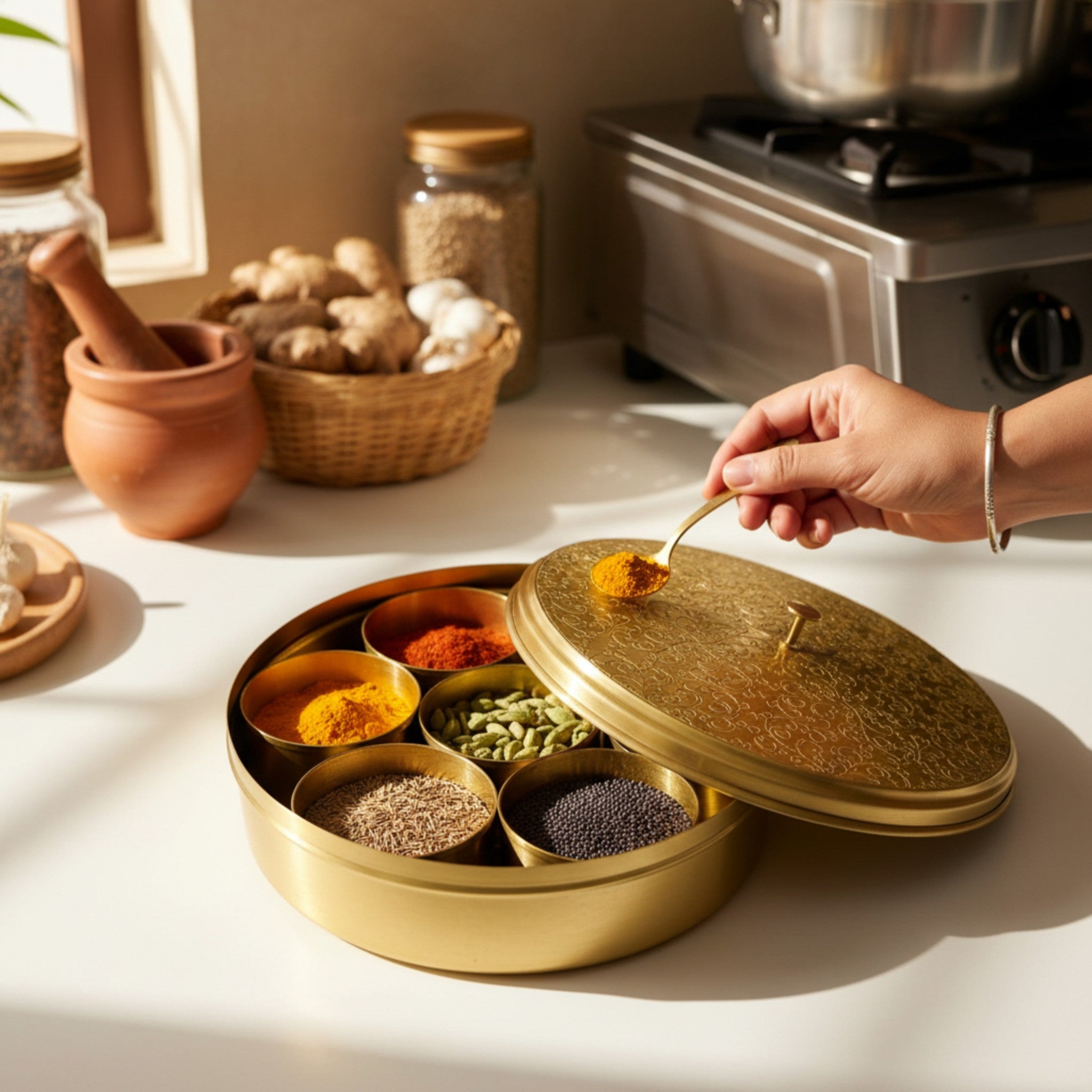 Rustic Stone Heritage Brass Masala Orb; handcrafted gold brass spice box with 7 compartments.