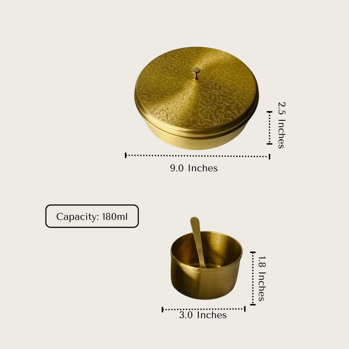 Masala Box size; deep cylindrical brass containers for large spice capacity and moisture-proof storage.