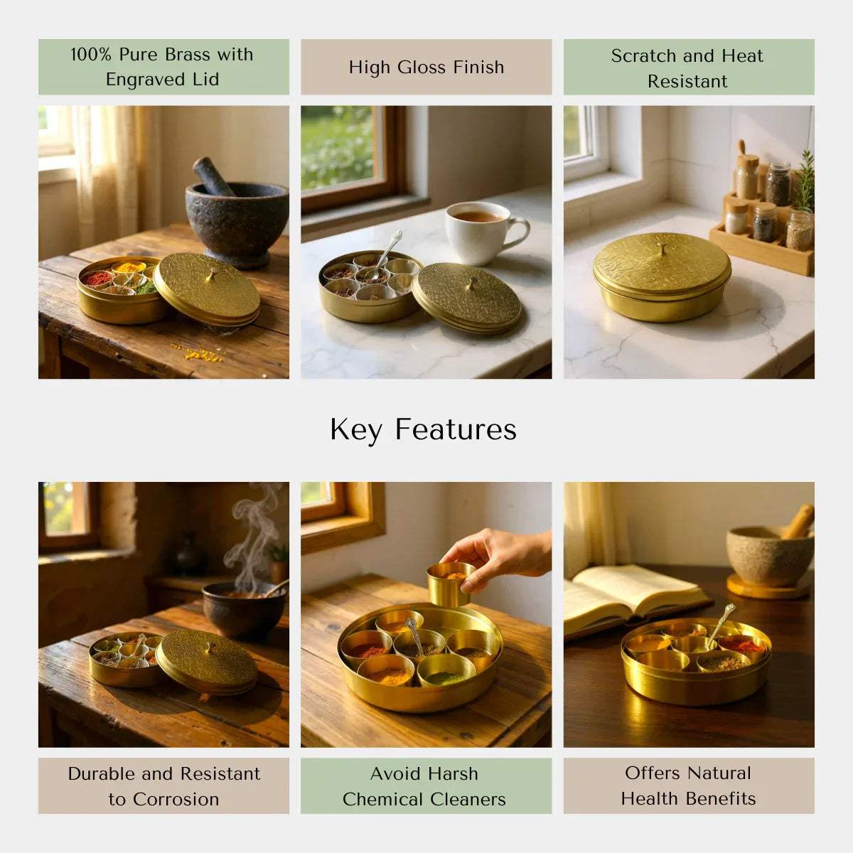 Rustic Stone quality; pure food-grade brass, non-toxic, and handcrafted artisanal spice box.