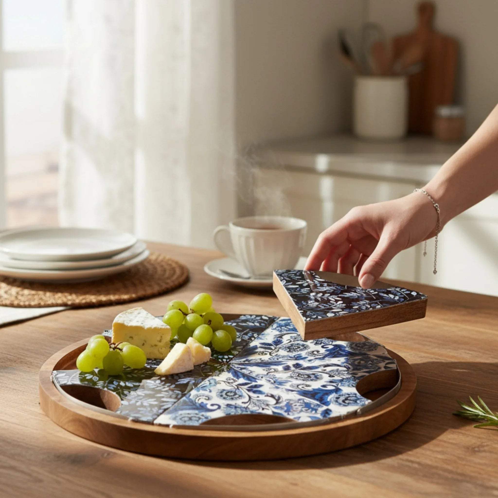 Rustic Stone Indigo Petal Pizza Platter; wedge-shaped mango wood plate with blue floral enamel inlay.