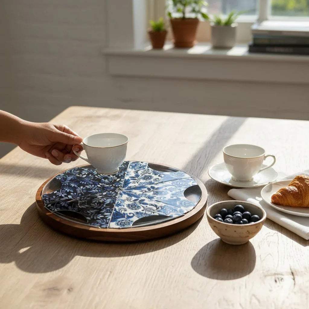 Mango wood pizza platter with a cup of top; Pinterest-worthy pizza night ideas and aesthetic wooden server styling.