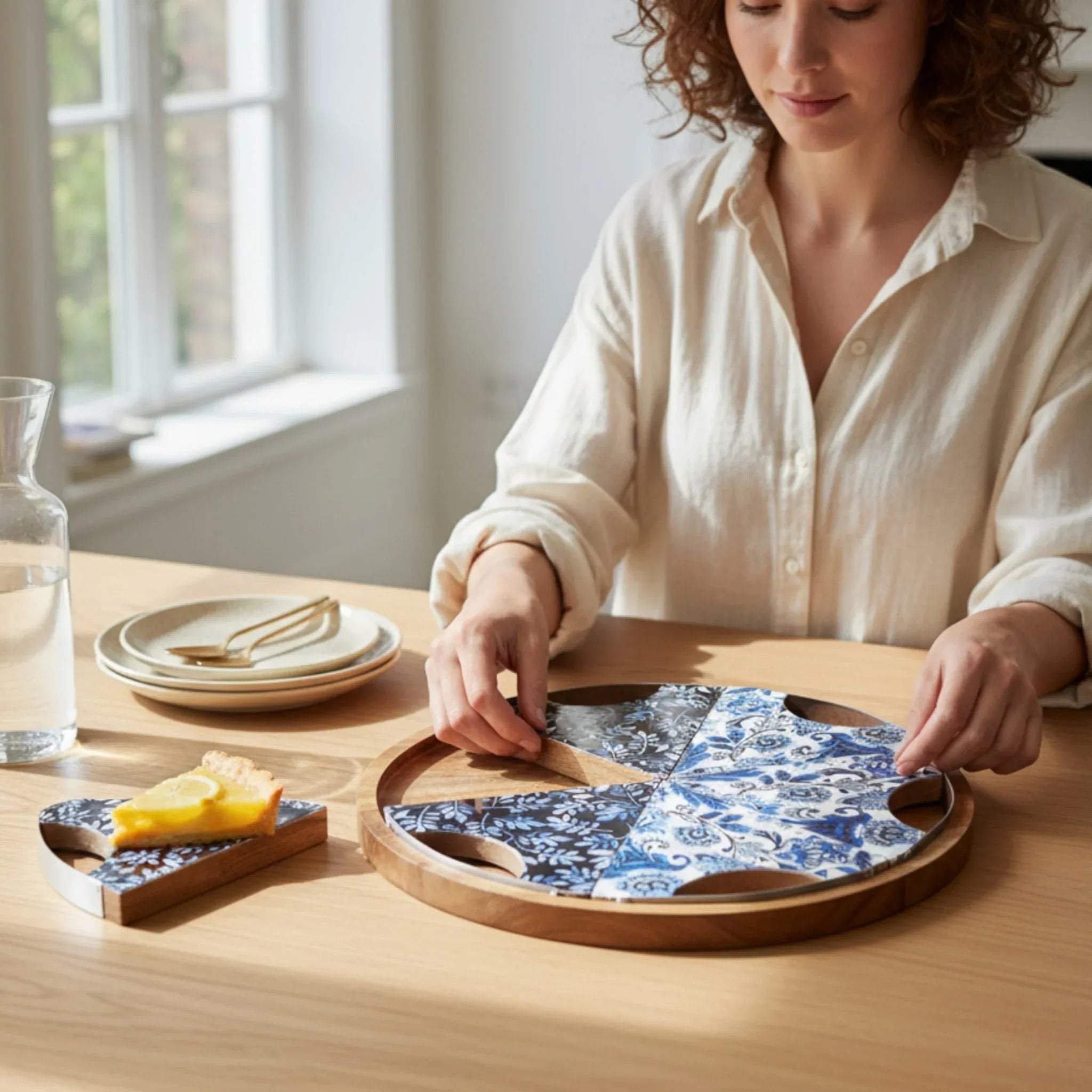 Woman arranging the wooden pizza plate; fits a standard 12-inch pizza slice perfectly for individual dining.