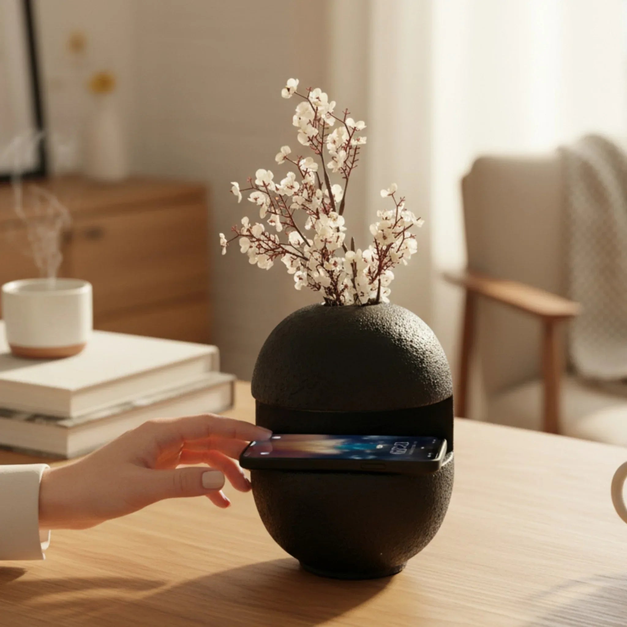 Inkstone Vase next to a hand; 9-inch height and phone space; perfect for single stems or desk accents.
