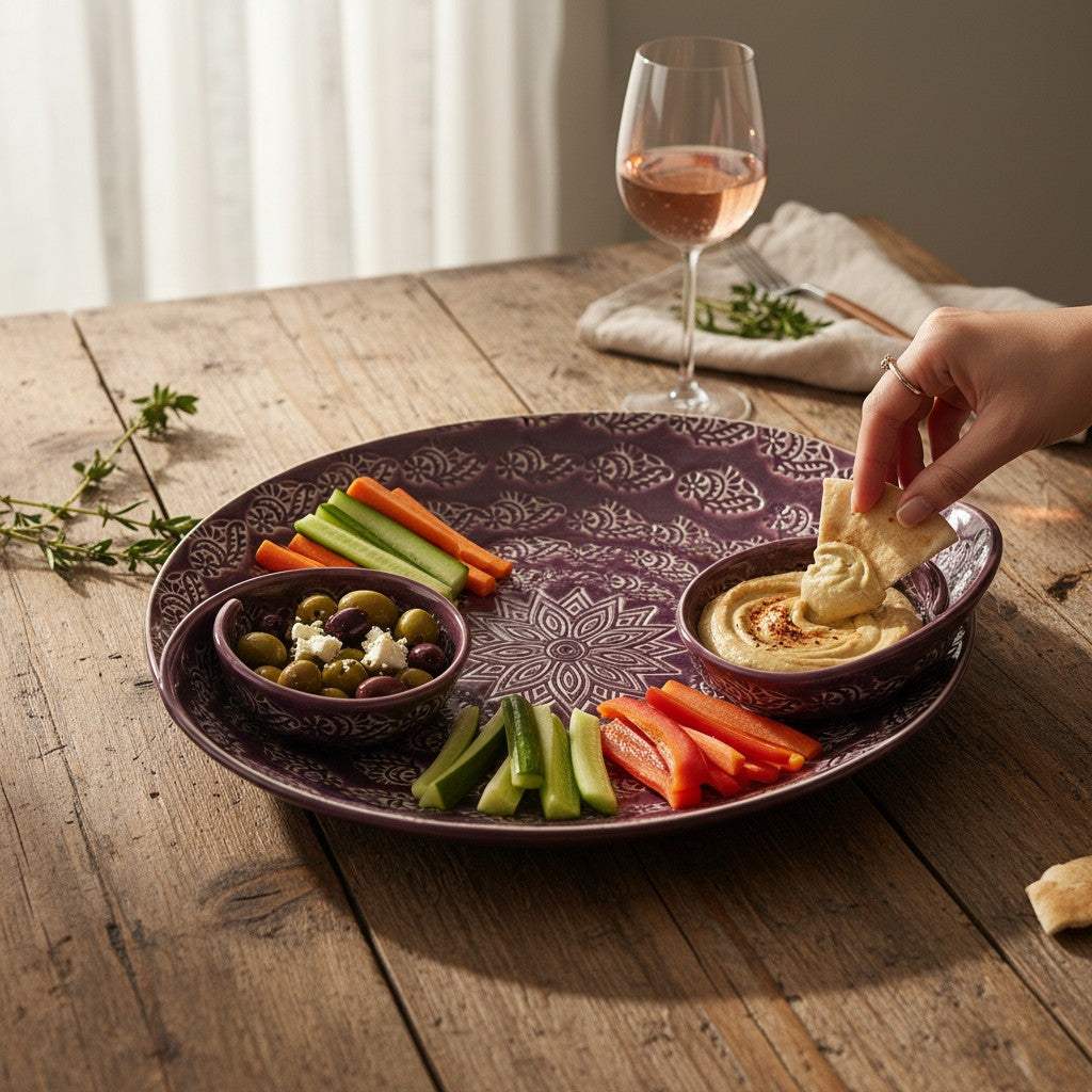 Top view of the two unique built-in spiral dip compartments seamlessly sculpted into the hand-carved purple appetizer dish.