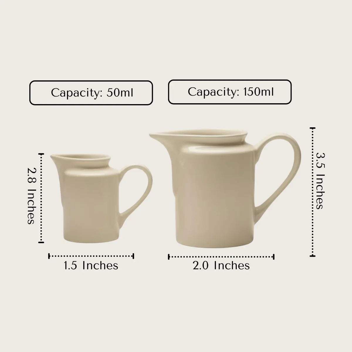 Creamer sizes - large and small; 150ml and 50ml ceramic creamer with a stable base for elegant tabletop pouring.