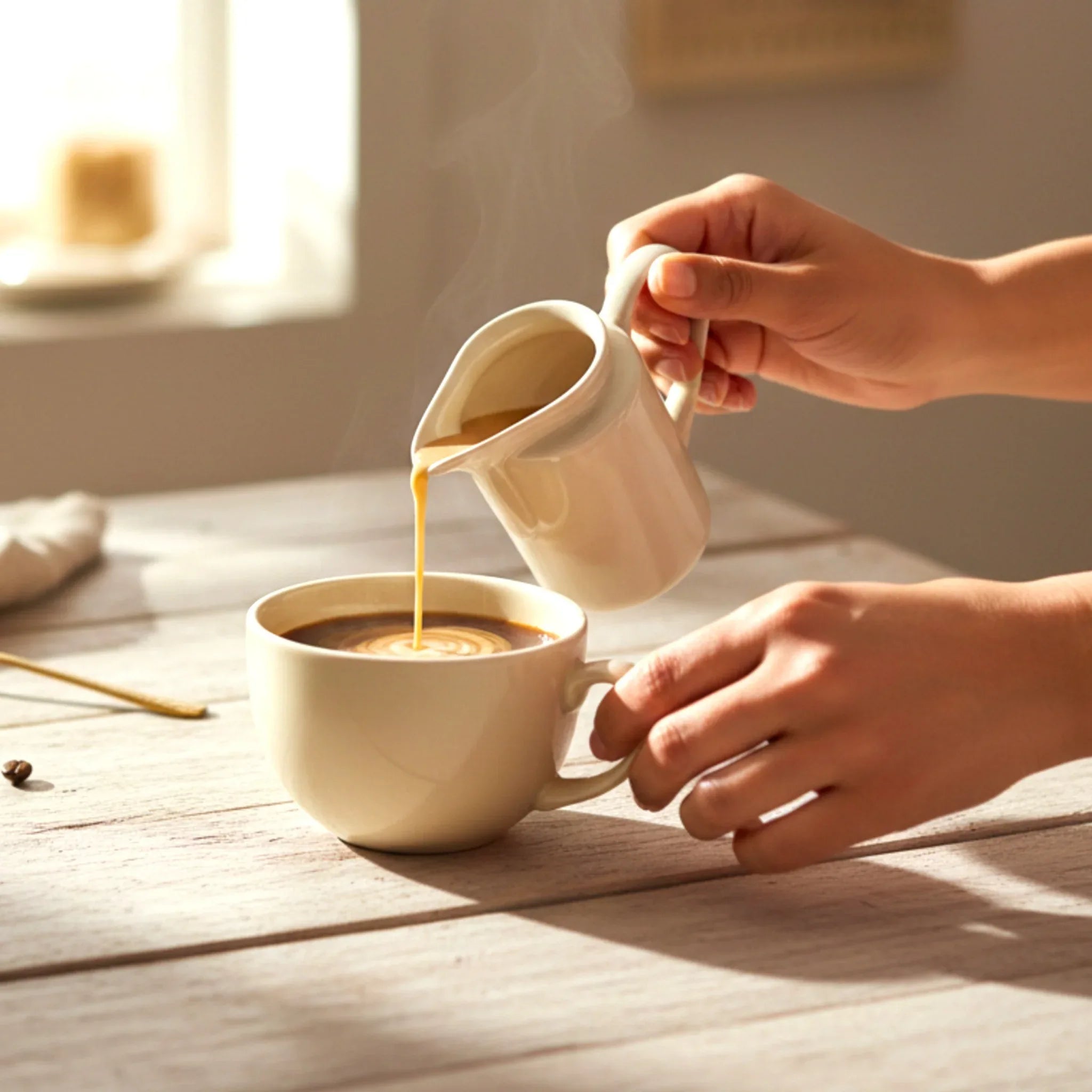 Ivory Creamer poring milk into a mug; 150ml capacity perfect for milk, cream, or maple syrup service.