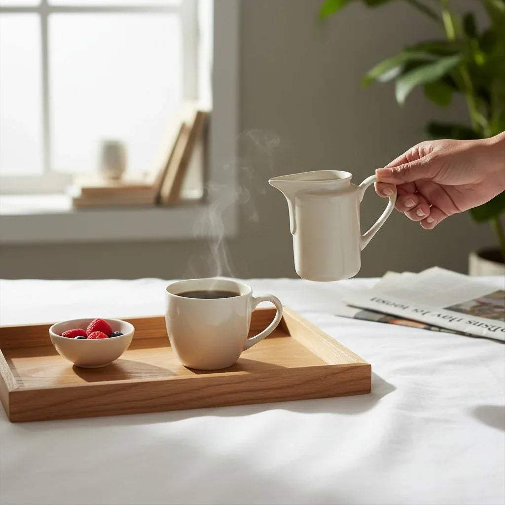 Small Ivory Creamer with breakfast tea; Pinterest-worthy slow morning ritual and aesthetic cafe-style serving.