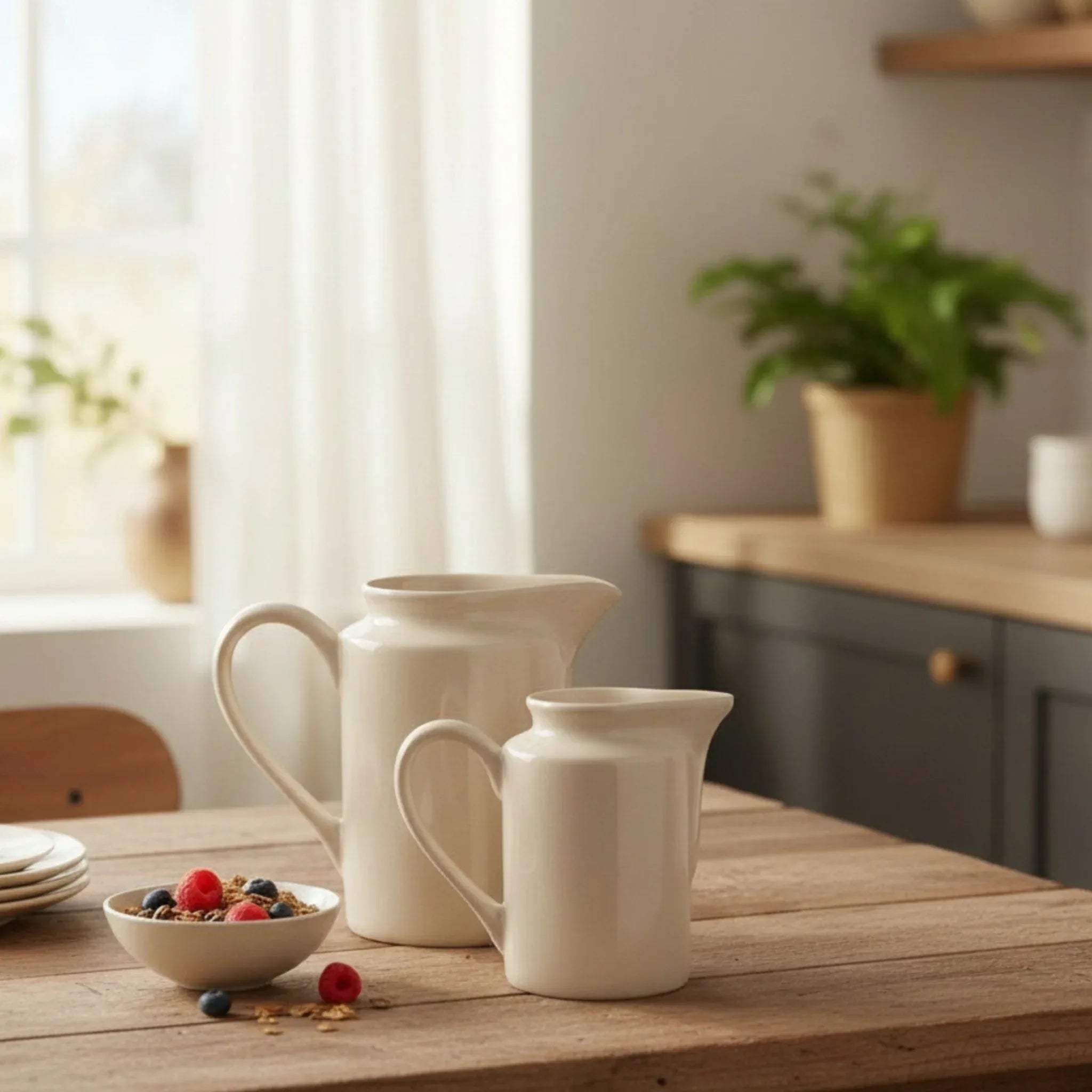 Ivory Creamer large and small next to a bowl; 150ml -50ml capacity perfect for milk, cream, or maple syrup service