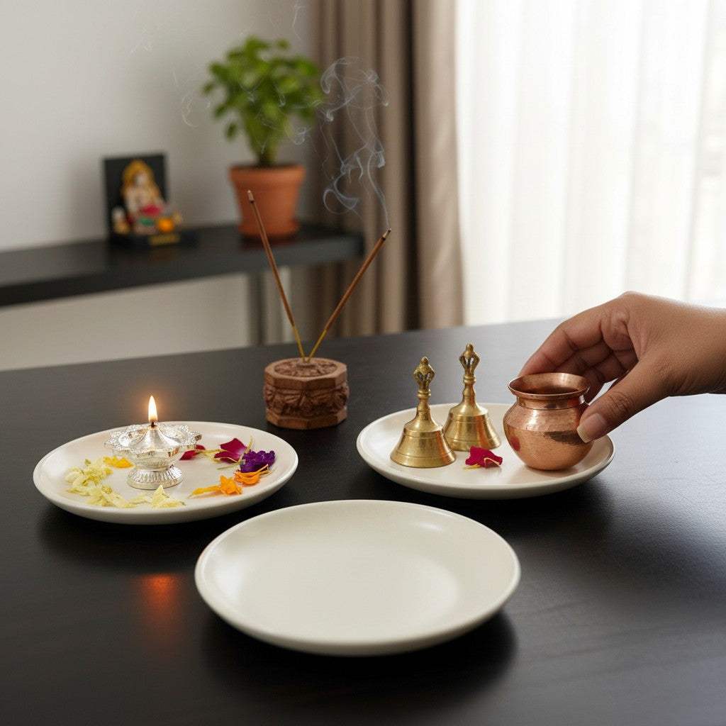 Ceremonial setup with copper cups, incense sticks, and a lit candle on a table on a white ceramic plate.