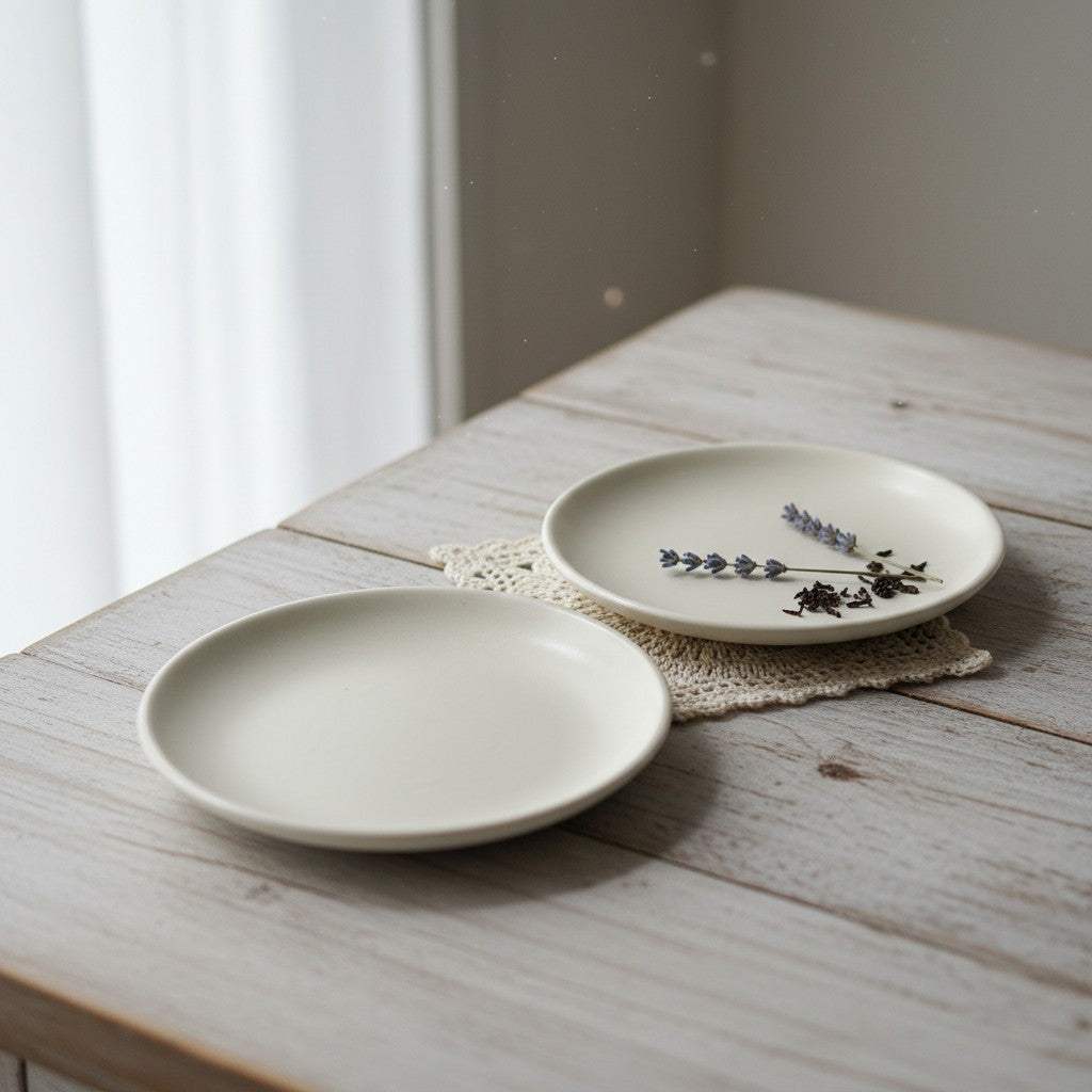 Two 5-inch minimalist matte ivory ceramic petite plates styled with dried lavender sprigs on a rustic wooden table by a sunny window.