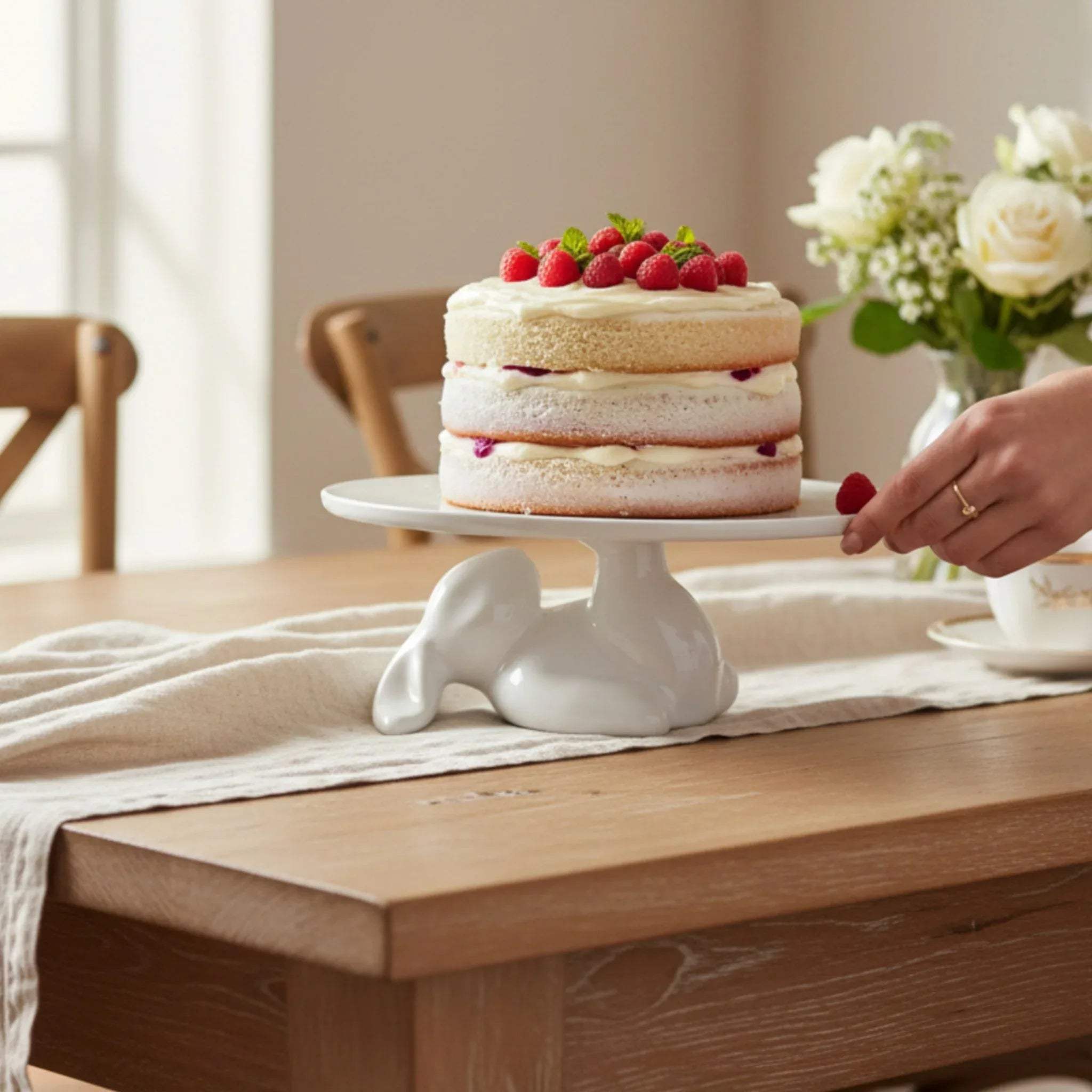 Cake stand with a tiered cake; 8-inch diameter surface ideal for small cakes, tarts, or pastries.
